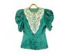 Vintage Embellished Blouse Lace Applique Puff Sleeve Top Princess Costume Green Teal Blue Small Peplum Shirt